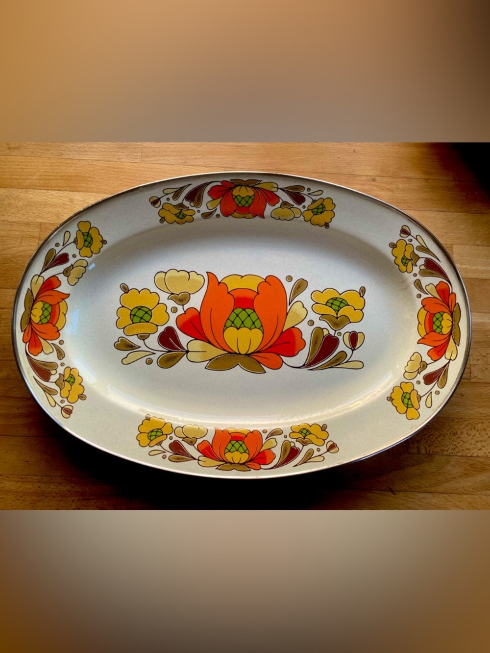 Floral Sanko Enamel Tray/ Enamel Serving Tray/Vintage Ovenware/Retro Kitchen 70s